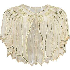 Women's Beige 1920s Shawl Sequin Beaded Evening Cape Retro Wedding Wraps Scarf